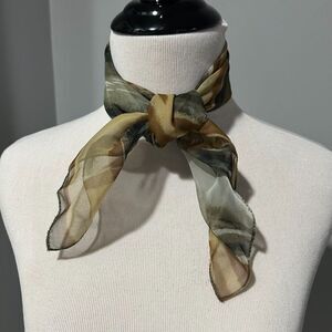 Vintage Brown, Tan, Olive Green, Grey Striped Neck Hair Scarf 20.5" x 20.5"